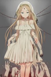 1girl abigail_williams_(fate) absurdres bare_shoulders blonde_hair blue_eyes breasts choker collarbone disembodied_hand dress fate/grand_order fate_(series) forehead ghost_hands grey_background highres keyhole long_hair mailixiang off_shoulder parted_bangs small_breasts smile solo veil white_dress