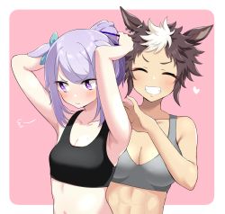 Rule 34 | 2girls, puff of air, abs, animal ears, bare shoulders, blush, border, bow, breasts, brown hair, cleavage, closed eyes, collarbone, commentary request, ear bow, ear piercing, hands up, heart, highres, horse ears, looking to the side, maruzen18, medium breasts, medium hair, mejiro mcqueen (umamusume), mejiro ryan (umamusume), multicolored hair, multiple girls, outside border, piercing, ponytail, purple eyes, purple hair, short hair, small breasts, smile, sports bra, teeth, toned, two-tone hair, tying hair, umamusume, upper body, v-shaped eyebrows, white border