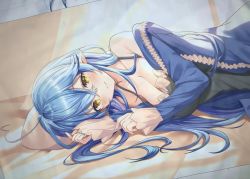 Rule 34 | 1girl, ahoge, akamoku, alternate costume, bare shoulders, bed, black camisole, blue hair, blue jacket, blue nails, blush, breasts, camisole, cleavage, closed mouth, curtains, day, eyelashes, hair between eyes, highres, hololive, indoors, jacket, light blue hair, lips, long hair, long sleeves, looking at viewer, lying, medium breasts, nail polish, off shoulder, on bed, on side, open clothes, open jacket, pointy ears, pov across bed, smile, solo, sunlight, twitter username, upper body, virtual youtuber, window, yellow eyes, yukihana lamy