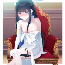 Rule 34 | 1girl, black hair, blue archive, blue eyes, blue hair, blue halo, blush, breasts, chair, choker, closed mouth, collarbone, colored inner hair, dress, eko, elbow gloves, gloves, hair between breasts, halo, highres, large breasts, long hair, looking at viewer, multicolored hair, official alternate costume, saori (blue archive), saori (dress) (blue archive), sitting, solo, white choker, white dress, white gloves