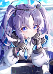 Rule 34 | 1girl, absurdres, black gloves, black jacket, blue archive, blue eyes, blue necktie, blush, breasts, collared shirt, commentary request, day, elbows on table, gloves, halo, hand on own cheek, hand on own face, hands up, highres, holding, holding pen, jacket, long hair, long sleeves, looking at viewer, medium breasts, necktie, off shoulder, parted bangs, pen, purple hair, shirt, sidelocks, solo, table, takemura kou, two side up, white jacket, white shirt, window, yuuka (blue archive)
