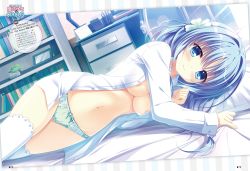 Rule 34 | 1girl, ame (d.s. -dal segno-), bed, bedroom, blue eyes, blue hair, blurry, blurry background, book, bookshelf, bow, bow panties, breasts, chair, character request, closed mouth, crotch seam, d.s. -dal segno-, depth of field, desk, dress shirt, dutch angle, flower, frilled panties, frills, green panties, hair flower, hair ornament, highres, lens flare, long hair, long sleeves, looking at viewer, lying, medium breasts, navel, no pants, on bed, on side, open clothes, open shirt, panties, pillow, polka dot, polka dot panties, shirt, smile, solo, takano yuki (allegro mistic), thighhighs, translation request, underwear, white shirt, white thighhighs