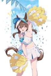 Rule 34 | 1girl, animal ears, bare shoulders, blue archive, blush, breasts, brown hair, cheerleader, cheval grand (umamusume), closed eyes, cloud, confetti, feet out of frame, highres, horse ears, horse girl, horse tail, long hair, midriff, millennium cheerleader outfit (blue archive), navel, open mouth, outstretched arm, pom pom (cheerleading), renma (renma 0503), shirt, skirt, sleeveless, sleeveless shirt, small breasts, solo, standing, string of flags, tail, twitter username, umamusume, visor cap, watermark, white skirt
