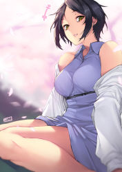Rule 34 | 10s, 1girl, artist name, bare shoulders, black hair, black ribbon, blurry, blurry background, breasts, cherry blossoms, collared dress, day, dress, earrings, hayami kanade, highres, idolmaster, idolmaster cinderella girls, jacket, jewelry, jjune, lavender dress, long sleeves, looking at viewer, medium breasts, off shoulder, open clothes, open jacket, outdoors, parted bangs, parted lips, petals, pink lips, ribbon, sash, short hair, sitting, sleeveless, sleeveless dress, smile, solo, stud earrings, teeth, wariza, white jacket, wing collar, yellow eyes