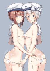 Rule 34 | 10s, 2girls, :&lt;, ass, assisted exposure, beret, bikini, blue eyes, bow, breast press, breasts, brown hair, butt crack, character name, closed mouth, clothes writing, cosplay, cowboy shot, detached collar, embarrassed, eyebrows, eyelashes, from behind, hair bow, hat, kantai collection, looking back, micro bikini, multiple girls, pulling another&#039;s clothes, ribs, sailor bikini, sailor collar, sailor hat, short hair, side-tie bikini bottom, sideboob, silver hair, simple background, small breasts, smile, smiley face, string bikini, swimsuit, symmetrical docking, twitter username, underboob, undressing, untying, white bikini, white bow, white hat, you06, z1 leberecht maass (kancolle), z3 max schultz (kancolle), z3 max schultz (kancolle) (cosplay)