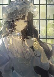 Rule 34 | 1girl, absurdres, black hair, bow, chelizi (weibo 5986313927), cup, curly hair, dress, gloves, gown, grin, hand up, hat, hat bow, highres, holding, holding cup, isolde (reverse:1999), juliet sleeves, long hair, long sleeves, puffy sleeves, purple eyes, reverse:1999, smile, solo, teacup, tilted headwear, upper body, white bow, white dress, white hat, white veil, window, yellow gloves