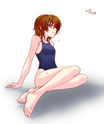 Rule 34 | 1girl, barefoot, blue eyes, brown hair, feet, jin nai, lyrical nanoha, mahou shoujo lyrical nanoha, mahou shoujo lyrical nanoha a&#039;s, mahou shoujo lyrical nanoha a&#039;s portable: the battle of aces, stern the destructor, one-piece swimsuit, short hair, solo, swimsuit, wet