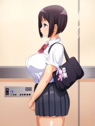 Rule 34 | 1girl, bag, black hair, black skirt, breasts, elevator, facing away, female focus, hot mikan, indoors, charm (object), large breasts, legs, own hands together, pleated skirt, red ribbon, ribbon, school bag, school uniform, shirt, short hair, short sleeves, sideways, skirt, solo, source request, standing, thick thighs, thighhighs, thighs, white shirt, zettai ryouiki