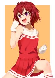 Rule 34 | &gt;:d, 10s, 1girl, :d, bad id, bad twitter id, cheerleader, clenched hands, gloves, idolmaster, idolmaster cinderella girls, inactive account, kneehighs, murakami tomoe, open mouth, orange background, pettan p, purple eyes, red hair, short hair, simple background, smile, socks, solo, sweat, v-shaped eyebrows, white gloves