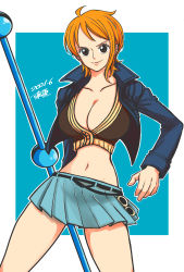 Rule 34 | 1girl, absurdres, black shirt, blue background, blue jacket, blue skirt, breasts, brown eyes, cleavage, clima-tact, closed mouth, collarbone, commentary, cowboy shot, crop top, dated, eyelashes, highres, holding, holding weapon, jacket, large breasts, looking at viewer, miniskirt, nami (one piece), navel, one piece, open clothes, open jacket, orange hair, outline, pleated skirt, shinonome (7566ani), shirt, short hair, signature, simple background, skirt, smile, solo, stomach, thighs, weapon