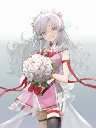Rule 34 | 1girl, absurdres, bare shoulders, blue eyes, bouquet, bow, commentary request, copyright request, flower, gradient background, grey background, grey hair, grin, hair bun, head tilt, heterochromia, highres, holding, holding bouquet, long hair, looking at viewer, parted bangs, pink shirt, pink skirt, red bow, red eyes, rose, see-through, shirt, single hair bun, skirt, sleeveless, sleeveless shirt, smile, solo, very long hair, virtual youtuber, white background, white flower, white rose, ximubingo