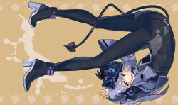 Rule 34 | 1girl, absurdres, ass, black bodysuit, black footwear, bodysuit, boots, breasts, brown background, commentary request, crossed bandaids, demon horns, demon tail, from side, full body, grey sleeves, head-mounted display, head bump, high heel boots, high heels, highres, horns, indie virtual youtuber, long sleeves, looking at viewer, medium hair, mimic (vtuber), open mouth, org765, outstretched legs, purple hair, red eyes, shrug (clothing), simple background, skin tight, small breasts, smile, solo, tail, upside-down, v-shaped eyebrows, virtual youtuber, visor lift, wide sleeves
