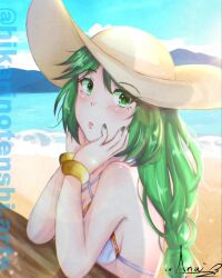 Rule 34 | 1girl, beach, bikini, blush, bracelet, breasts, green eyes, green hair, green nails, hat, hikarinotenshi.arts, jewelry, kid icarus, kid icarus uprising, nail polish, nintendo, open mouth, pale skin, palutena, sand, sideboob, sun hat, super smash bros., swimsuit, water