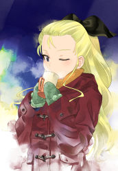 Rule 34 | 1girl, absurdres, assam (girls und panzer), black ribbon, blonde hair, blue eyes, breath, brown jacket, casual, cup, drinking, girls und panzer, green mittens, hair pulled back, hair ribbon, highres, holding, holding cup, huge filesize, inou takashi, jacket, long hair, long sleeves, mittens, one eye closed, ribbon, solo, standing, texture, toggles, upper body, winter clothes