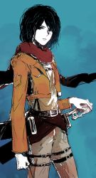 Rule 34 | 1girl, black hair, blue background, cropped jacket, gyeol, highres, looking at viewer, mikasa ackerman, red scarf, scarf, sheath, sheathed, shingeki no kyojin, short hair, simple background, sketch, solo, sword, thigh strap, weapon
