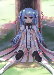 Rule 34 | 1girl, blue eyes, blue hair, boots, breasts, collar, elbow gloves, female focus, garter straps, gloves, koyama tomosato, looking at viewer, matching hair/eyes, nature, nipples, nymph (sora no otoshimono), open mouth, outdoors, panties, plant, sitting, slave, solo, sora no otoshimono, tears, thighhighs, torn clothes, translated, tree, twintails, underwear