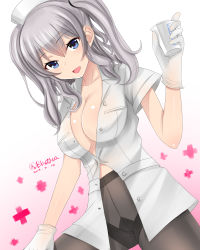 Rule 34 | 10s, 1girl, :d, arm at side, black pantyhose, blasowa, blue eyes, breasts, cleavage, collared shirt, cowboy shot, cup, gloves, gradient background, hat, highres, holding, holding cup, kantai collection, kashima (kancolle), large breasts, latex, latex gloves, legs apart, long hair, looking at viewer, no bra, nurse, nurse cap, open clothes, open mouth, pantyhose, shirt, sidelocks, silver hair, smile, solo, standing, twintails, unbuttoned, unbuttoned shirt, wavy hair, white gloves, white hat, white shirt