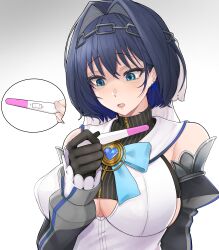 Rule 34 | 1girl, absurdres, blue eyes, blue hair, blush, breasts, chain, cleavage, cleavage cutout, clothing cutout, despair, highres, hololive, hololive english, impregnation, large breasts, non-web source, ouro kronii, pregnancy test, resolution mismatch, short hair, solo, source smaller, surprised, underboob, virtual youtuber