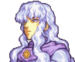 Rule 34 | 1boy, berserk, cape, close-up, closed mouth, commentary, english commentary, fire emblem, frown, glaceo, glaring, griffith (berserk), long hair, looking down, lowres, male focus, nintendo, parody, pixel art, portrait, purple cape, solo, style parody, transparent background, upper body, white hair