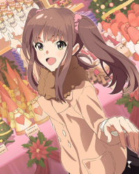 Rule 34 | 10s, 1girl, brown hair, christmas, christmas ornaments, coat, dutch angle, foreshortening, green eyes, long hair, looking at viewer, official art, okamoto miyu, open mouth, pointing, scarf, solo, twintails, wake up girls!, wake up girls! stage no tenshi