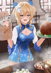 2girls :d adeptus&#039;_temptation_(genshin_impact) alternate_hairstyle ayul_(ayulneri_92) bamboo_steamer baozi blonde_hair blue_dress breasts china_dress chinese_clothes cleavage cleavage_cutout clothing_cutout double_bun dress food genshin_impact hair_bun highres holding holding_bamboo_steamer holding_plate indoors jade_parcels_(genshin_impact) large_breasts looking_at_viewer lumine_(genshin_impact) multiple_girls open_mouth paimon_(genshin_impact) plate restaurant short_hair_with_long_locks smile yellow_eyes