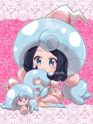 Rule 34 | 1girl, ahoge, amedamaneko, black hair, blue eyes, closed mouth, commentary request, cosplay, creatures (company), curly hair, dress, game freak, gen 8 pokemon, hat, hattrem, hattrem (cosplay), highres, holding, liko (pokemon), multicolored hair, nintendo, open mouth, pokemon, pokemon (anime), pokemon (creature), pokemon horizons, purple eyes, ribbon, short hair, smile, witch hat