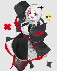 Rule 34 | 1girl, black bow, black bowtie, black thighhighs, bow, bowtie, cloak, crosshair pupils, dtto., highres, looking at viewer, naninechax, open mouth, pale skin, red eyes, ribbon, scarz, shirt, skull ornament, smile, solo, teeth, thighhighs, upper teeth only, utaite, virtual youtuber, white hair, white shirt
