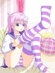 Rule 34 | 1girl, absurdres, bed, dressing, feet, highres, legs, long hair, nepgear, neptune (series), open mouth, panties, purple eyes, purple hair, sailor collar, sitting, solo, striped clothes, striped panties, striped thighhighs, thighhighs, thighs, underwear