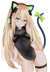 Rule 34 | 1girl, absurdres, animal ear headphones, animal ears, arm at side, arm behind back, bare shoulders, black leotard, blonde hair, blush, bow, breasts, cat ear headphones, cat ears, cat tail, character name, collarbone, eyes visible through hair, fake animal ears, girls&#039; frontline, green bow, green eyes, hair between eyes, headphones, heart, heart-shaped pupils, highres, leotard, long hair, looking at viewer, navel, open mouth, ribbon, ru zhai, shiny skin, sidelocks, simple background, skindentation, small breasts, smile, solo, standing, symbol-shaped pupils, tail, tareme, thigh strap, thighs, tmp (girls&#039; frontline), very long hair, white background