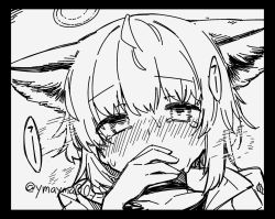 Rule 34 | 1girl, animal ears, arknights, black border, blush, border, breath, commentary, covering own mouth, fox ears, greyscale, half-closed eyes, high contrast, jacket, looking at viewer, monochrome, portrait, short hair, shoulder blades, simple background, solo, speech bubble, sussurro (arknights), tareme, tears, twitter username, white background, yom (ymayma00ss)