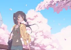 Rule 34 | 1girl, akari (raigou), bag, black hair, blue sky, cherry blossoms, closed mouth, clothing request, cowboy shot, day, highres, hood, hoodie, light blush, long hair, long sleeves, looking to the side, open clothes, open hoodie, original, outdoors, petals, pointy ears, ponytail, raigou, shoulder bag, sky, solo focus, standing, thick eyebrows, yellow eyes, yellow hoodie