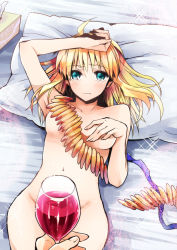 Rule 34 | 1girl, ahoge, arm up, artoria pendragon (fate), bad id, bad pixiv id, blonde hair, blush, censored, convenient censoring, cup, drinking glass, fate/zero, fate (series), gilgamesh (fate), glass, green eyes, irono (irtyu), jewelry, long hair, lying, navel, nude, on back, pillow, saber (fate), solo focus, wine glass