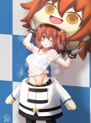 Rule 34 | 1girl, ahoge, belt, blush, commentary request, costume, dated, fate/grand order, fate (series), fujimaru ritsuka (female), hair ornament, hair scrunchie, heavy breathing, looking at viewer, mascot costume, mori marimo, navel, one eye closed, open mouth, orange eyes, orange hair, pants, pantyhose, riyo (lyomsnpmp) (style), scrunchie, shirt, short hair, side ponytail, solo, standing, sweat, wet, wet clothes, wet shirt, wristband