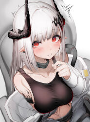 Rule 34 | 1girl, absurdres, after masturbation, arknights, black horns, blush, closed mouth, crop top, highres, horns, looking at viewer, mudrock (arknights), parted lips, pointy ears, pussy juice, red eyes, solo, tab head, upper body, white hair