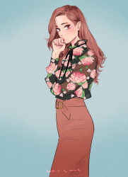 Rule 34 | 1girl, bad id, bad pixiv id, blouse, blue background, blush, brown eyes, brown hair, clenched hand, covering own mouth, eyeshadow, floral print, from side, hair behind ear, hand over own mouth, highres, long hair, looking at viewer, ma2, makeup, neck ribbon, original, pencil skirt, ribbon, see-through, shirt, skirt, solo, standing, wavy hair