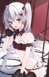 Rule 34 | 1girl, black gloves, blush, chocolate, commentary, cupcake, earrings, eating, english commentary, food, food on face, gloves, grey hair, hair ornament, heart, heart hair ornament, highres, holding, holding food, jewelry, looking at viewer, mizupuruta, open mouth, red eyes, solo, twintails, valentine, wings