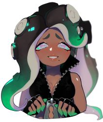 Rule 34 | 1girl, :d, bare shoulders, black hair, blue eyes, blush, breasts, cleavage, crop top, dark-skinned female, dark skin, fingerless gloves, gloves, green hair, green nails, headphones, highres, long hair, looking at viewer, marina (splatoon), mole, mole under mouth, multicolored hair, nail polish, nintendo, octoling, open mouth, pink pupils, simple background, smile, solo, splatoon (series), splatoon 2, suction cups, symbol-shaped pupils, tentacle hair, torurii, two-tone hair, upper body, white background, zipper, zipper pull tab