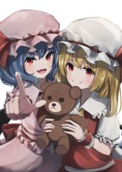 Rule 34 | 2girls, :o, arm at side, arm up, ascot, bat wings, blonde hair, blue hair, blush, brooch, commentary request, fang, feet out of frame, flandre scarlet, frilled shirt collar, frilled sleeves, frills, hair between eyes, hat, hat ribbon, heart, highres, holding, holding stuffed toy, jewelry, mob cap, multiple girls, open mouth, pink headwear, pink shirt, pink skirt, pointing, pointing at viewer, puffy short sleeves, puffy sleeves, red ascot, red eyes, red skirt, red vest, remilia scarlet, ribbon, shirt, short hair, short sleeves, siblings, side ponytail, simple background, sisters, skin fang, skirt, skirt set, smile, stuffed animal, stuffed toy, teddy bear, tongue, totoraisu, touhou, upper body, vest, white background, white headwear, white shirt, wings, wrist cuffs, yellow ascot