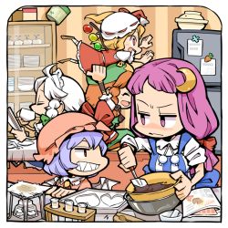 Rule 34 | 5girls, apron, bat wings, blonde hair, blue hair, bow, bowl, chibi, chocolate, crescent, crescent hair ornament, cup, closed eyes, female focus, flandre scarlet, hair bow, hair ornament, hat, heart, hong meiling, hounori, izayoi sakuya, long hair, maid headdress, multiple girls, no headwear, no headwear, open mouth, patchouli knowledge, purple hair, red eyes, red hair, refrigerator, remilia scarlet, side ponytail, sleeves rolled up, test tube, embodiment of scarlet devil, touhou, white hair, wings