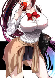 1girl akeyama_kitsune alternate_breast_size azur_lane bag black_bag black_skirt bow bowtie breasts brown_hair cellphone cleavage clothes_around_waist collared_shirt high_ponytail highres holding holding_phone huge_breasts large_breasts long_hair long_sleeves miniskirt partially_unbuttoned phone pleated_skirt red_bow red_bowtie school_bag school_uniform shirt skirt smartphone smile solo sweater sweater_around_waist very_long_hair white_shirt zuikaku_(azur_lane)