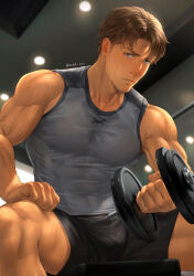 Rule 34 | 1boy, bara, black shorts, blue eyes, brown hair, closed mouth, dumbbell, exercise, grey tank top, highres, jim (mondi hl), large pectorals, male focus, mondi hl, muscular, muscular male, original, pectorals, short hair, shorts, sitting, solo, sweat, sweatdrop, tank top, thighs, twitter username, weightlifting