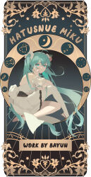 1girl absurdres aqua_eyes aqua_hair art_nouveau artist_name bare_shoulders bayun character_name commentary controller crescent_moon cup english_commentary flower game_controller gradient_background hatsune_miku highres long_hair mixed-language_commentary moon mug solo star_(symbol) twintails vocaloid zzz