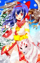 Rule 34 | 1girl, ainu clothes, bird, blue hair, breasts, fingerless gloves, gloves, hair ribbon, highres, legs, long hair, looking at viewer, mamahaha, nakoruru, open mouth, pants, red eyes, ribbon, samurai spirits, small breasts, smile, snk, snow, solo, the king of fighters, thighs, wolf