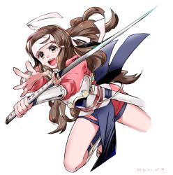 Rule 34 | 1girl, bare legs, brown hair, fire emblem, fire emblem fates, futabaaf, hana (fire emblem), headband, holding, holding sword, holding weapon, jumping, katana, nintendo, open mouth, ribbon, samurai, sandals, solo, sword, teeth, upper teeth only, weapon, white background