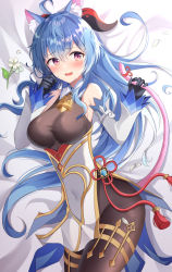 Rule 34 | 1girl, absurdres, ahoge, animal ears, bed, bell, black pantyhose, blue hair, blush, breasts, cat ears, cat girl, cat tail, china dress, chinese clothes, cleavage cutout, clothing cutout, covered navel, cowbell, detached collar, detached sleeves, dress, flower, ganyu (genshin impact), genshin impact, gloves, gold trim, hari83421, highres, horns, long sleeves, looking at viewer, lying, medium breasts, nervous, on back, on bed, open mouth, pantyhose, purple eyes, solo, tail, vision (genshin impact), white dress, white flower