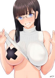Rule 34 | 1girl, bare arms, black hair, blue eyes, blunt bangs, blush, breasts, clothes lift, commentary request, glasses, highres, large breasts, lifting own clothes, long hair, looking at viewer, nail polish, nanahime, one breast out, original, pasties, pink nails, revision, ribbed sweater, simple background, sleeveless, sleeveless sweater, smile, solo, sweater, sweater lift, turtleneck, turtleneck sweater, upper body, white background, white sweater