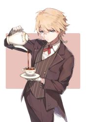 Rule 34 | 1boy, april fools, blonde hair, blue eyes, butler, commentary request, cup, formal, g36 (&quot;sommelier&quot;) (girls&#039; frontline), g36 (girls&#039; frontline), genderswap, genderswap (ftm), girls&#039; frontline, imoko (imonatsuki), male focus, monocle, official alternate costume, ponytail, pouring, saucer, solo, suit, tailcoat, tea, teacup, teapot, white background