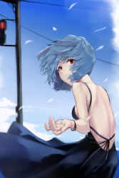 Rule 34 | 1girl, alternate costume, ayanami rei, back cutout, bare back, black dress, blue hair, blue sky, bracelet, closed mouth, clothing cutout, cloud, day, dress, floating hair, hand up, highres, jewelry, neon genesis evangelion, outdoors, power lines, red eyes, short hair, sky, light smile, solo, traffic light, utility pole, wind, wind lift, yagisawa teru