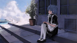 Rule 34 | 1girl, air conditioner, apron, bird, black footwear, black ribbon, blue hair, closed mouth, cloud, cloudy sky, commentary, expressionless, frilled apron, frills, grey eyes, hair ribbon, hands on own knees, highres, looking afar, maid apron, mary janes, original, outdoors, plant, potted plant, ribbon, shoes, short hair, shou (mori boro), sitting, sitting on stairs, sky, socks, solo, stairs, symbol-only commentary, two side up, white apron, white socks, wide shot, window