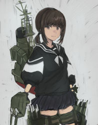 Rule 34 | 1girl, absurdres, alternate costume, black sailor collar, black serafuku, black skirt, brown hair, closed mouth, fubuki (kancolle), grey background, highres, holding, kantai collection, looking at viewer, low ponytail, moor, pleated skirt, ponytail, puffy sleeves, rigging, sailor collar, school uniform, serafuku, short ponytail, simple background, skirt, solo